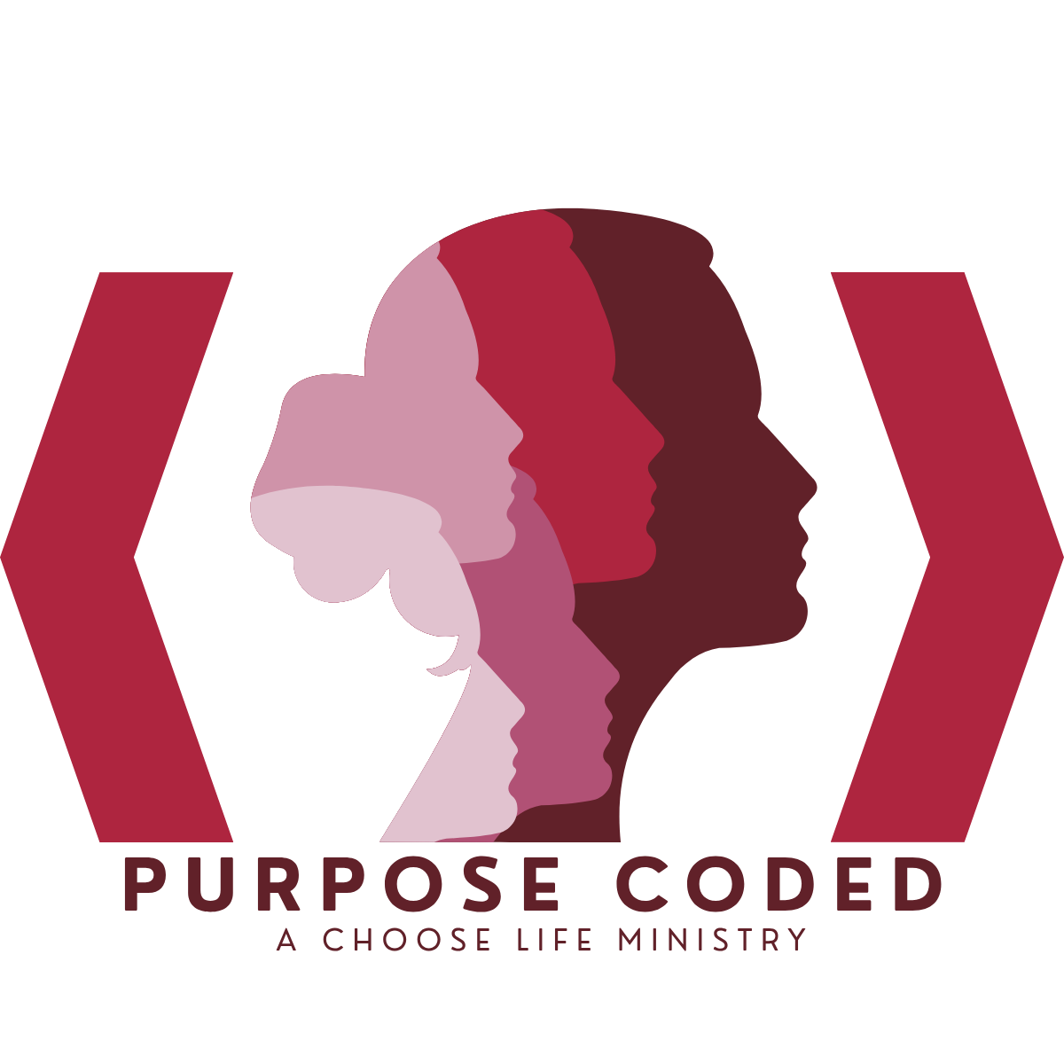 Purpose Coded logo: layered women's profiles in a hexagonal badge