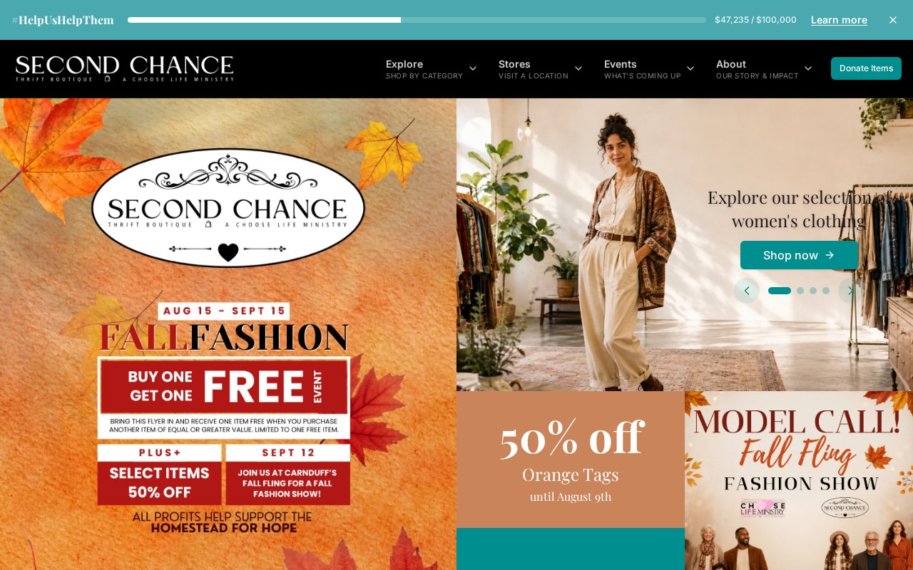 Second Chance Thrift Boutique homepage with a rotating boutique hero