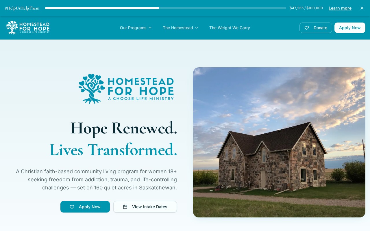 Homestead for Hope homepage with a stone farmhouse hero and Apply Now call to action