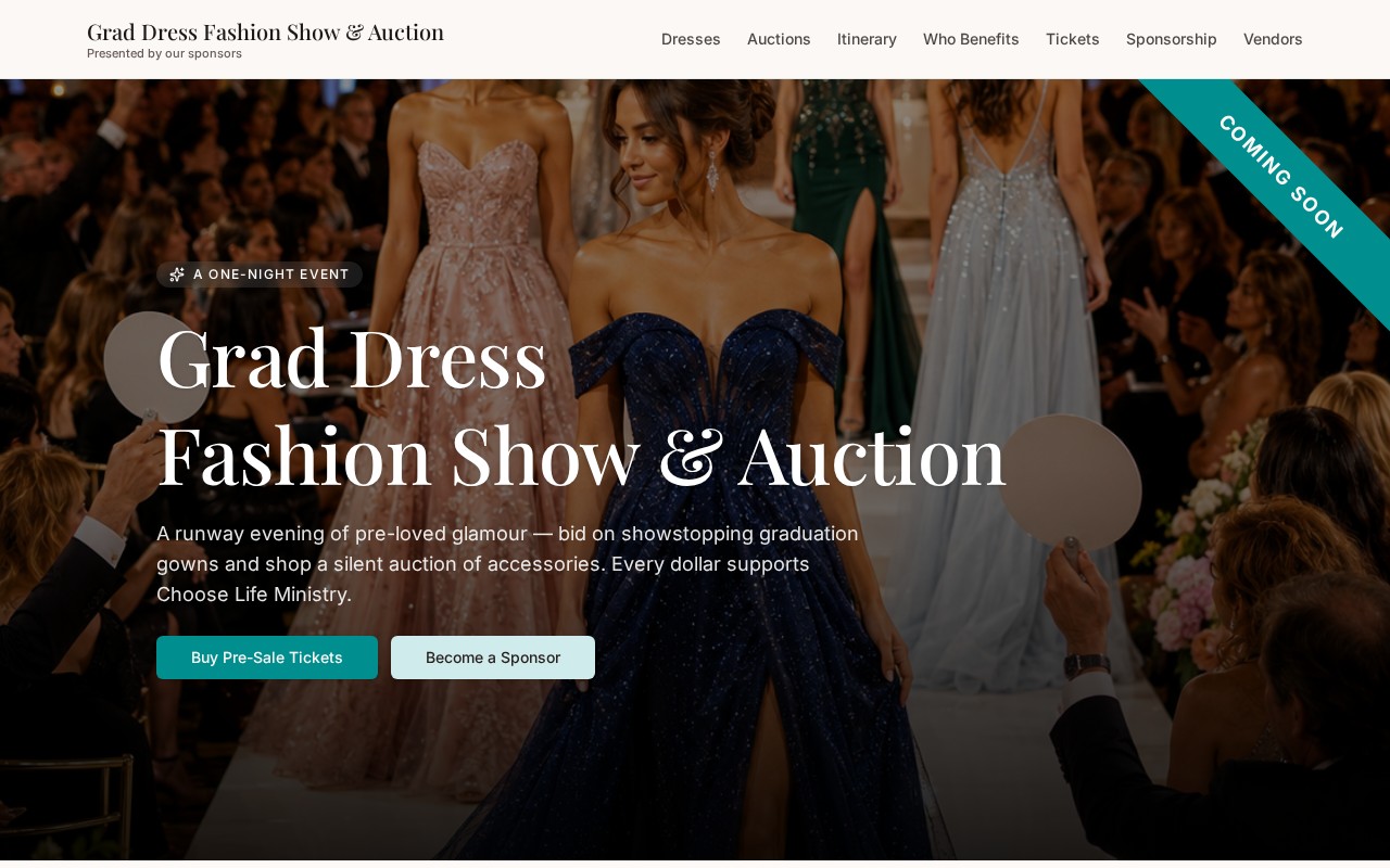 Grad Dress Fashion Show and Auction homepage with a runway hero image