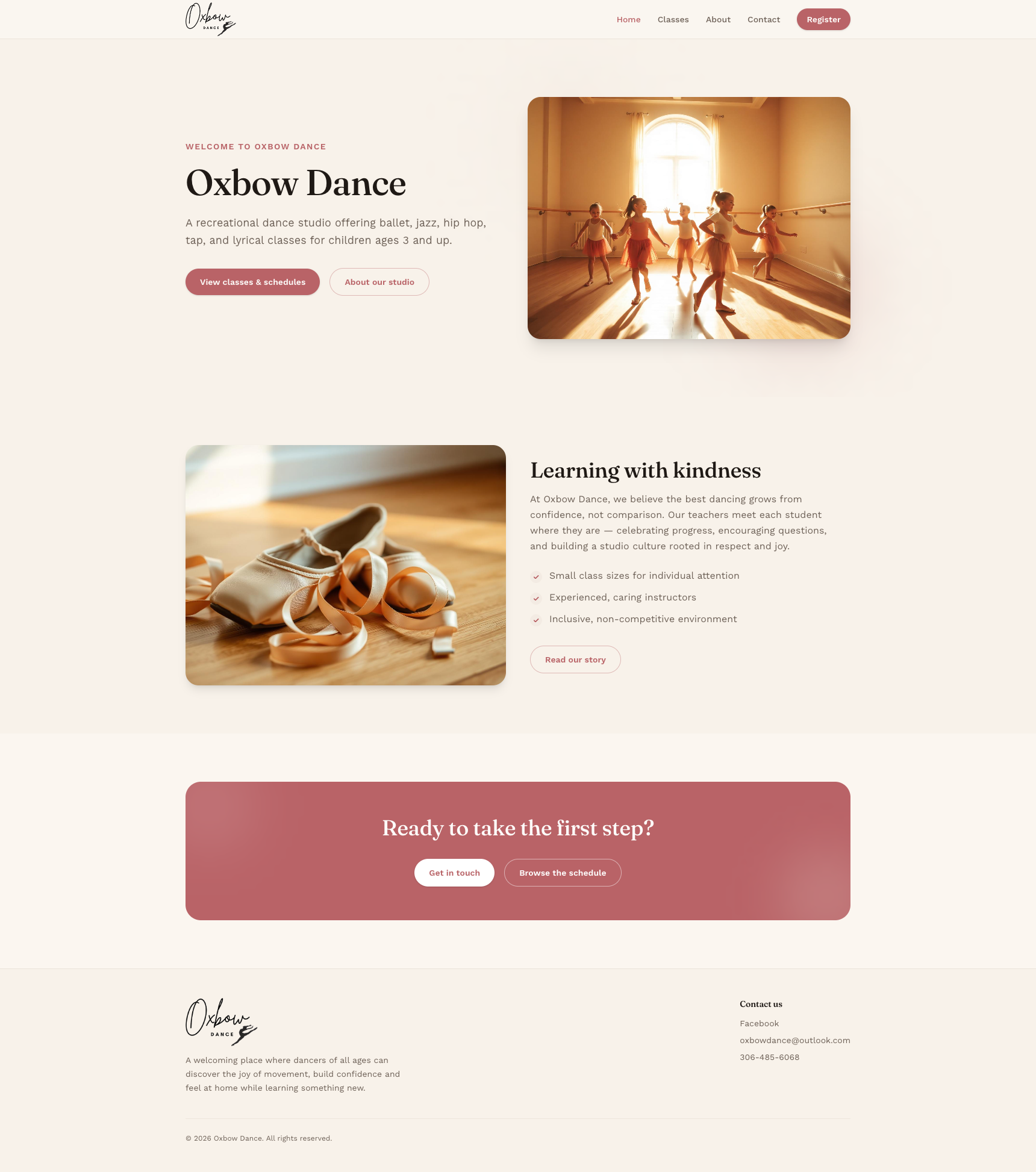 Oxbow Dance Studio website homepage