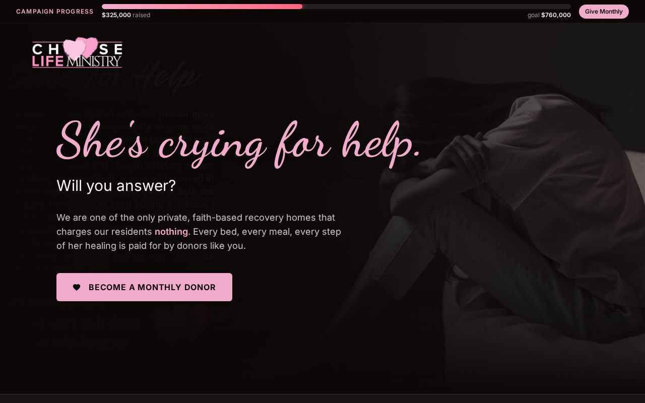 Help Us Help Her donor campaign landing page